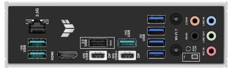 Zadná strana počítačovej základnej dosky s konektormi: USB, HDMI, DisplayPort, audio konektory, sieťové pripojenie (2.5G) a antény pre Wi-Fi 7.
