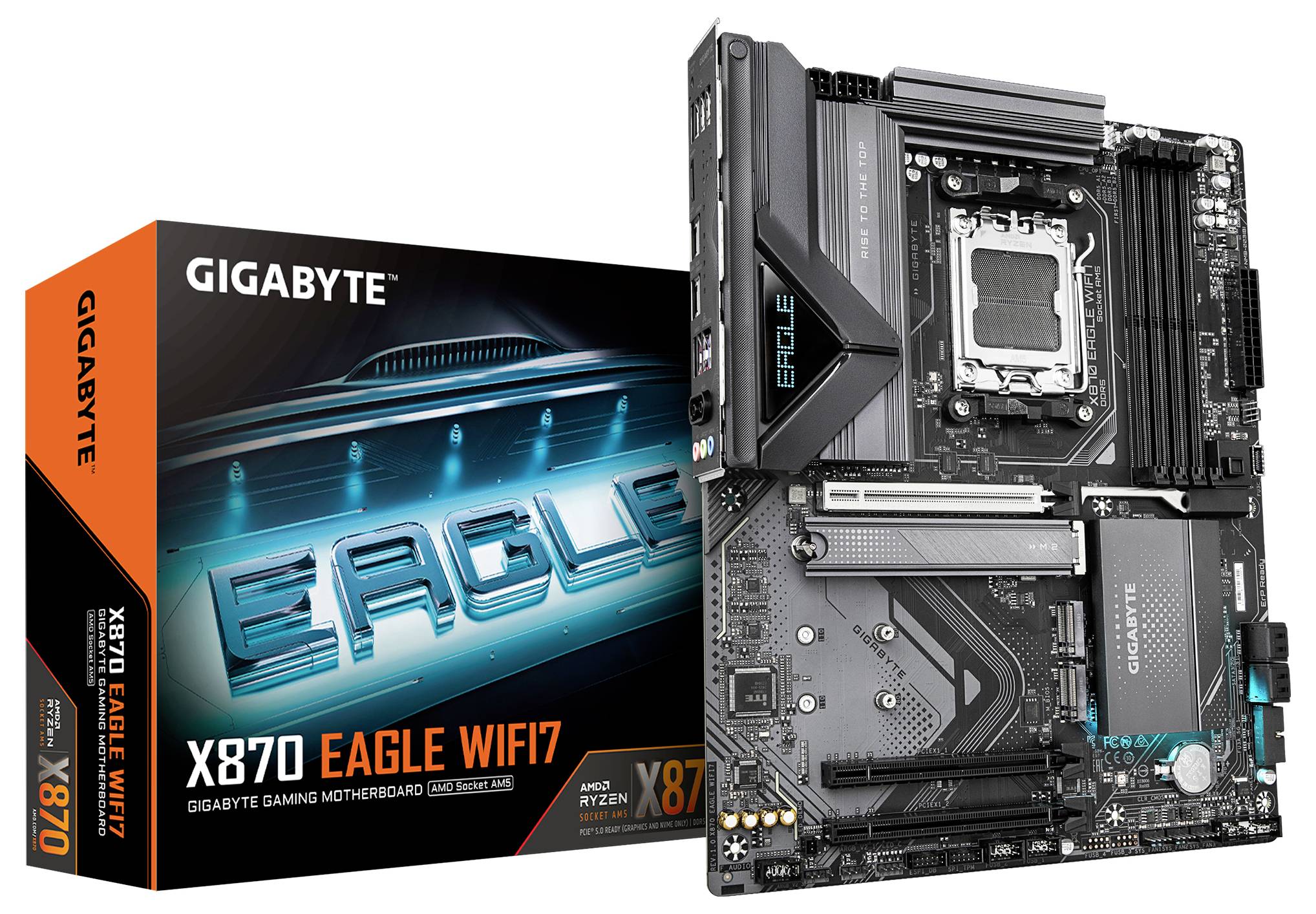 Základná doska a balenie 'GIGABYTE X870 EAGLE WIFI7', hernej základnej dosky s podporou WiFi 7, vľavo škatuľa, vpravo doska.