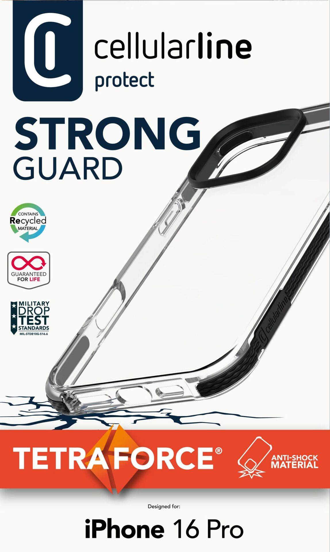 Ochranný kryt Cellularline Protect pre iPhone 16 Pro s materiálom 'Tetraforce' proti nárazom, pevný a odolný, opakovane použiteľný.