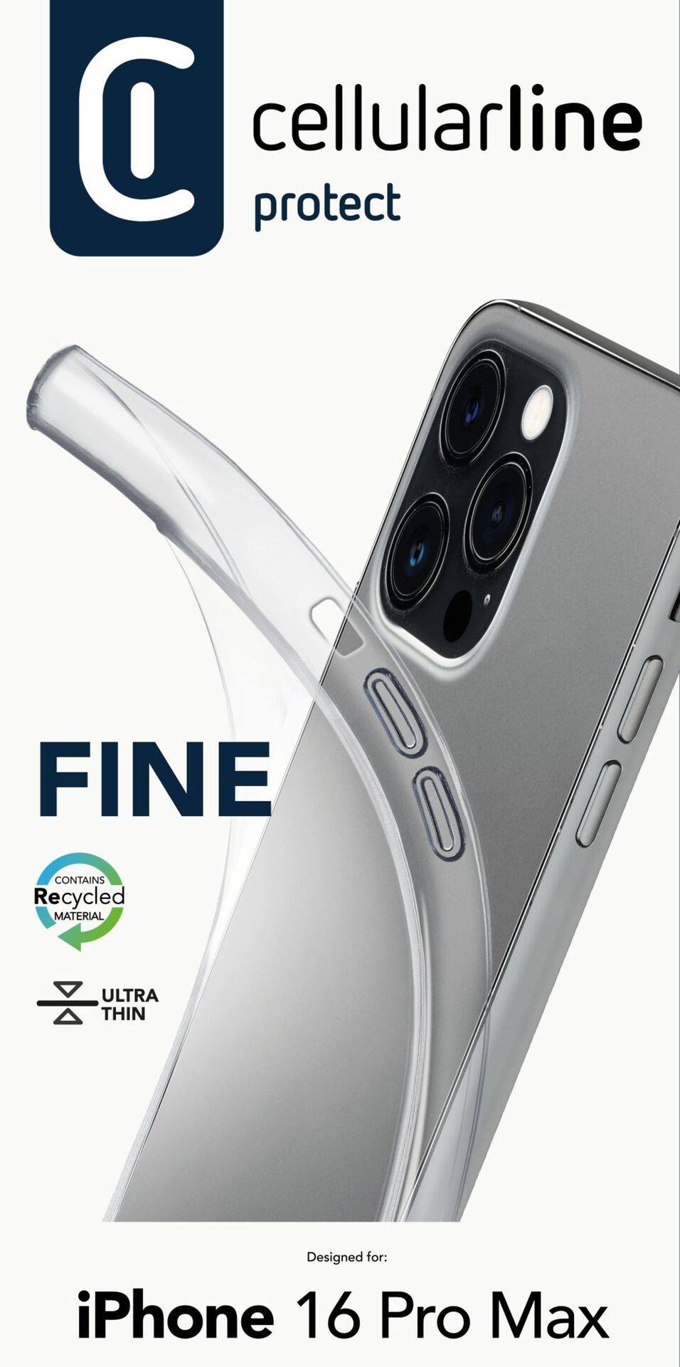 Priehľadný kryt na telefón pre iPhone 16 Pro Max od Cellularline, propagovaný ako ultratanký a vyrobený z recyklovaného materiálu.