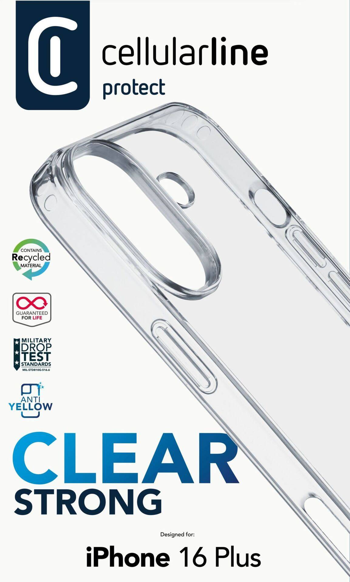 Transparentný ochranný kryt pre iPhone 16 Plus, značka 'Cellularline Protect', charakteristiky: vyrobený z recyklovaných materiálov, silná ochrana, dizajn odolný proti žltnutiu.
