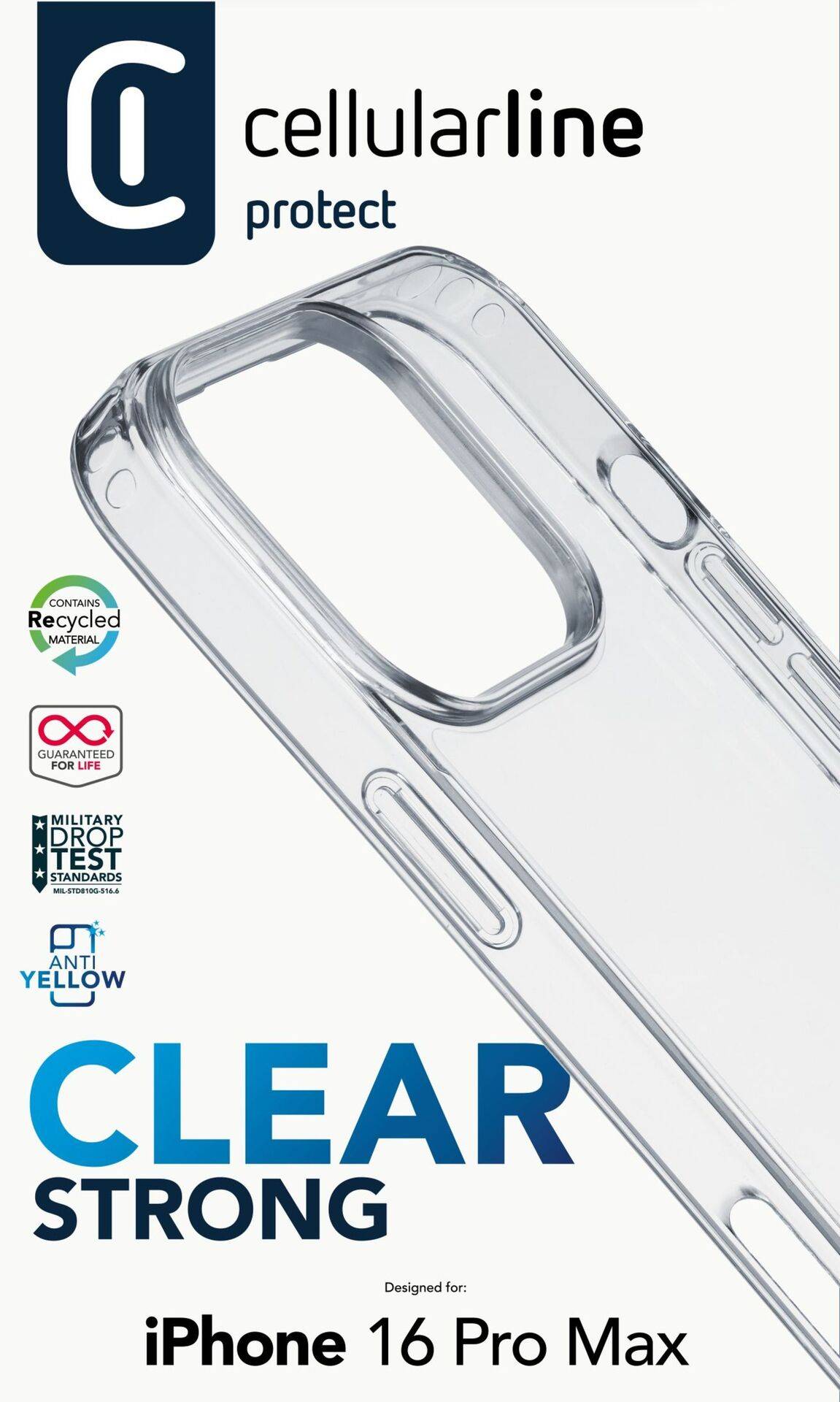 Priehľadný kryt na mobil pre iPhone 16 Pro Max od značky Cellularline; vyrobený z recyklovaných materiálov, transparentný a odolný.