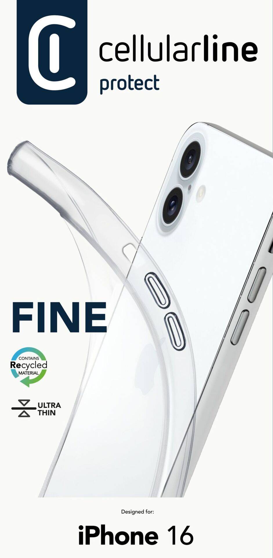 Transparentný mobilný kryt od Cellularline pre iPhone 16, vyrobený z recyklovaného, ultra tenkého materiálu.