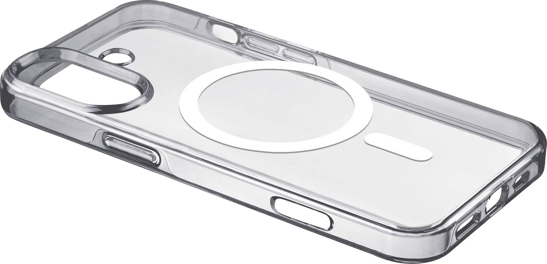 Priehľadný obal na smartfón, zobrazujúci zadnú stranu s kruhovým vzorom. Chráni zariadenie a umožňuje funkciu MagSafe.