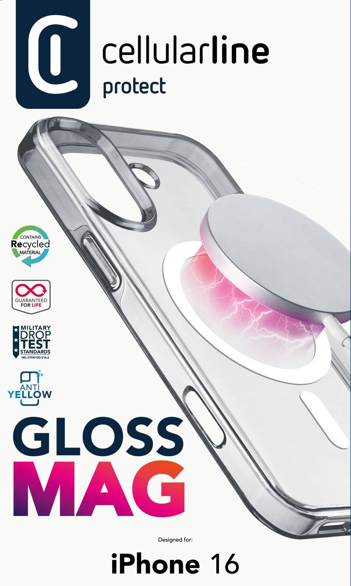Priehľadný obal na mobil s magnetickým uzáverom, kompatibilný s iPhone 16. Logá značky 'cellularline', vyrobené z recyklovaného materiálu, s ochranou proti pádom.