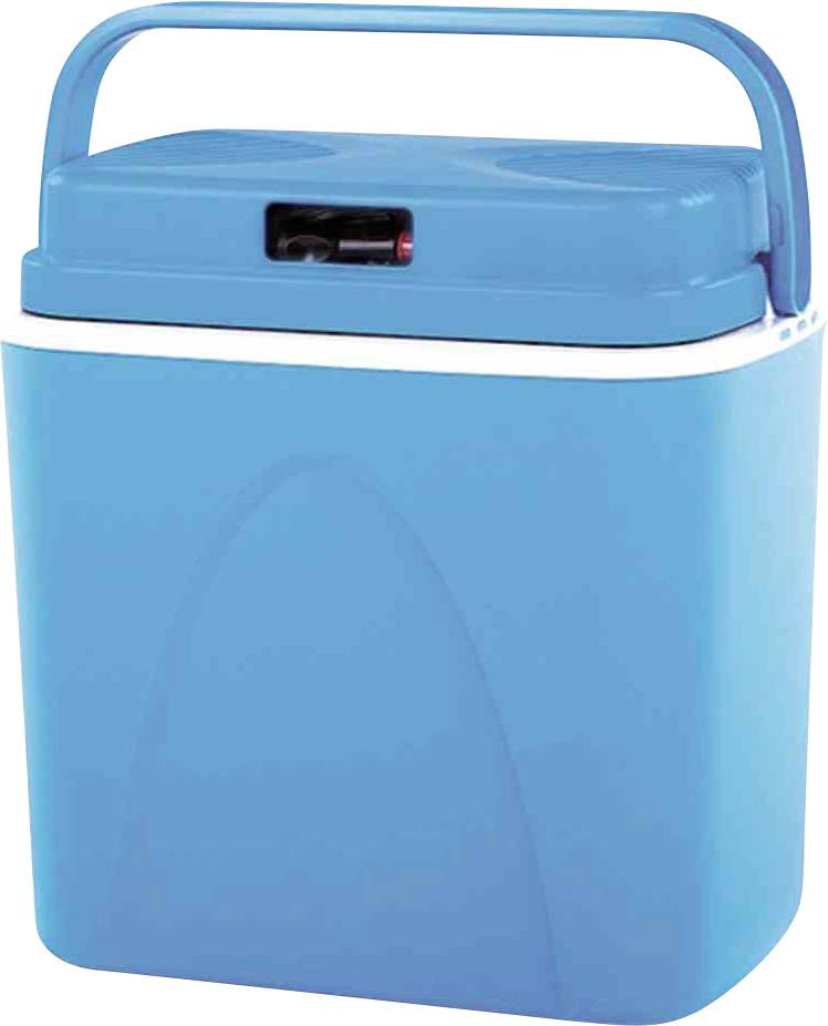 Modrý chladiaci box s rukoväťou, vhodný na prepravu potravín.