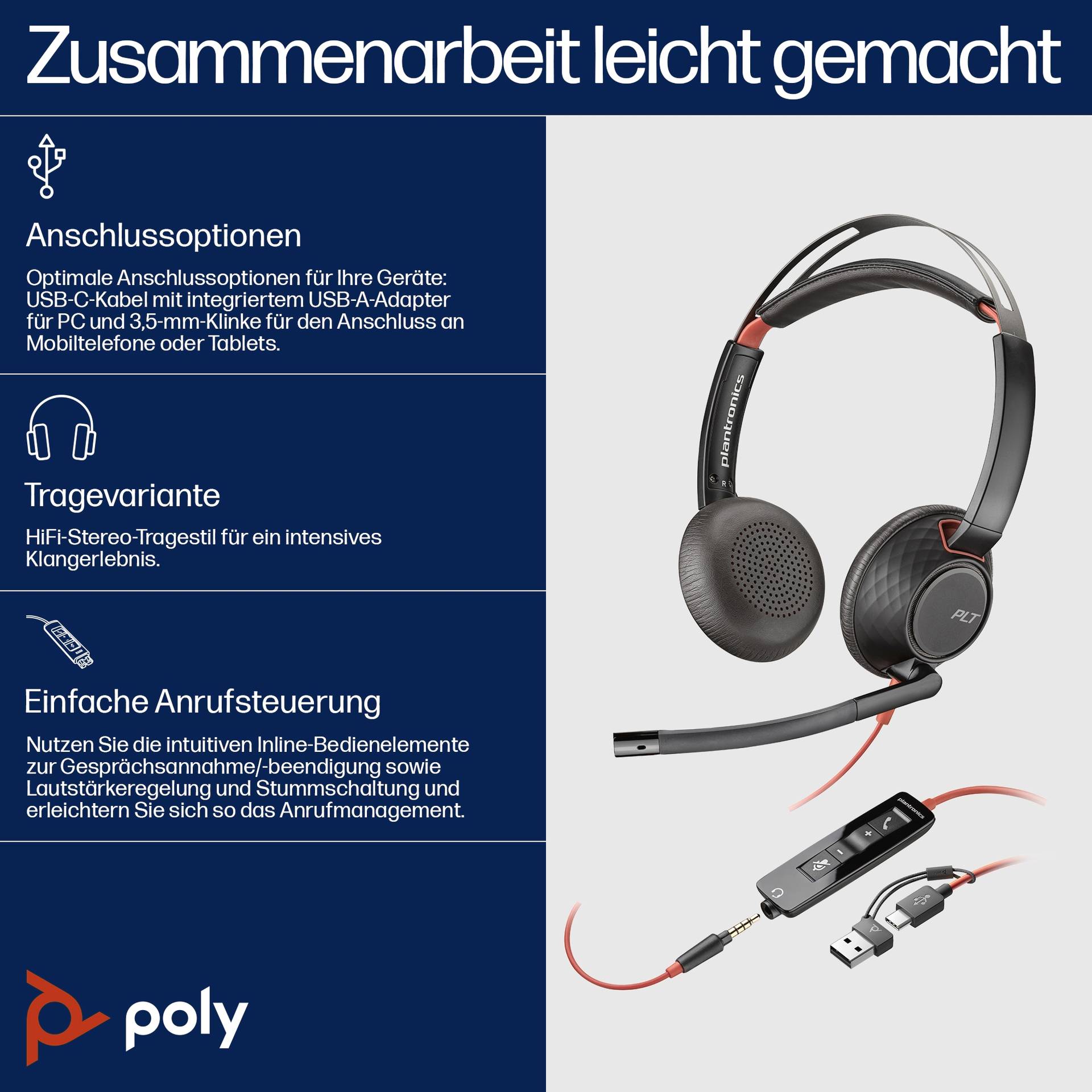 Slúchadlá s mikrofónom a USB/3,5 mm káblom. Text zdôrazňuje jednoduché možnosti pripojenia a použitia. Logo Poly v ľavom dolnom rohu.