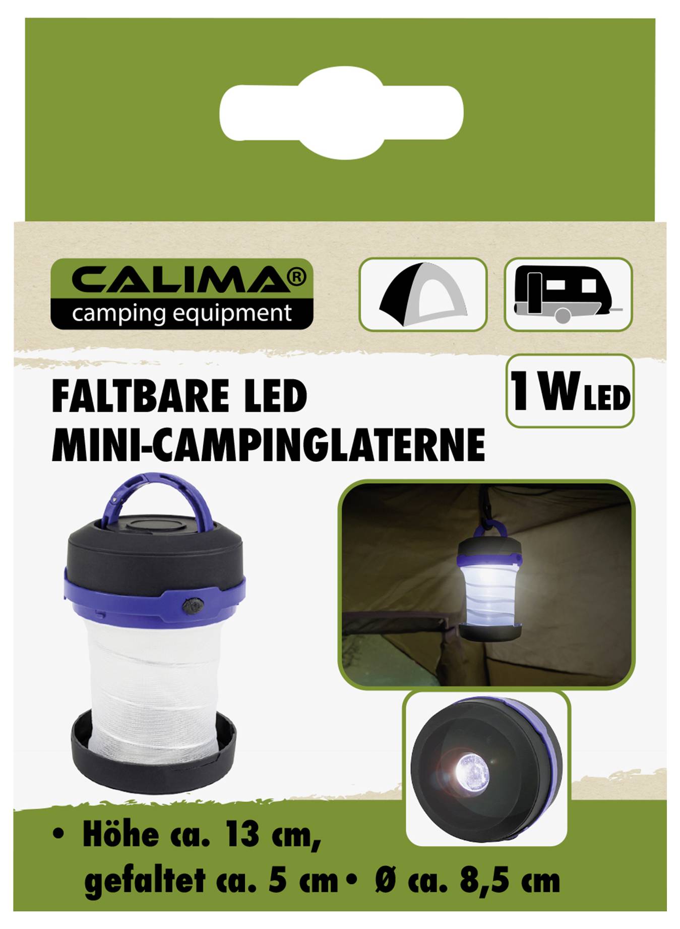 Čierna a modrá malá kempingová lampa s rukoväťou, LED žiarovkou a štítkom s informáciami o výrobcovi a značkou CE.