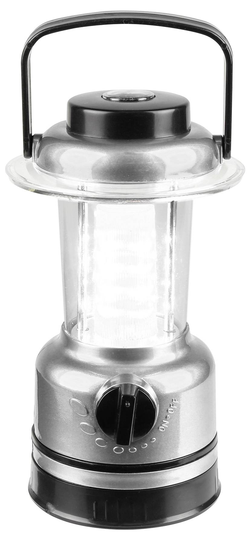 Modrá kempingová lampa s priehľadným stredným dielom a čiernou rukoväťou.