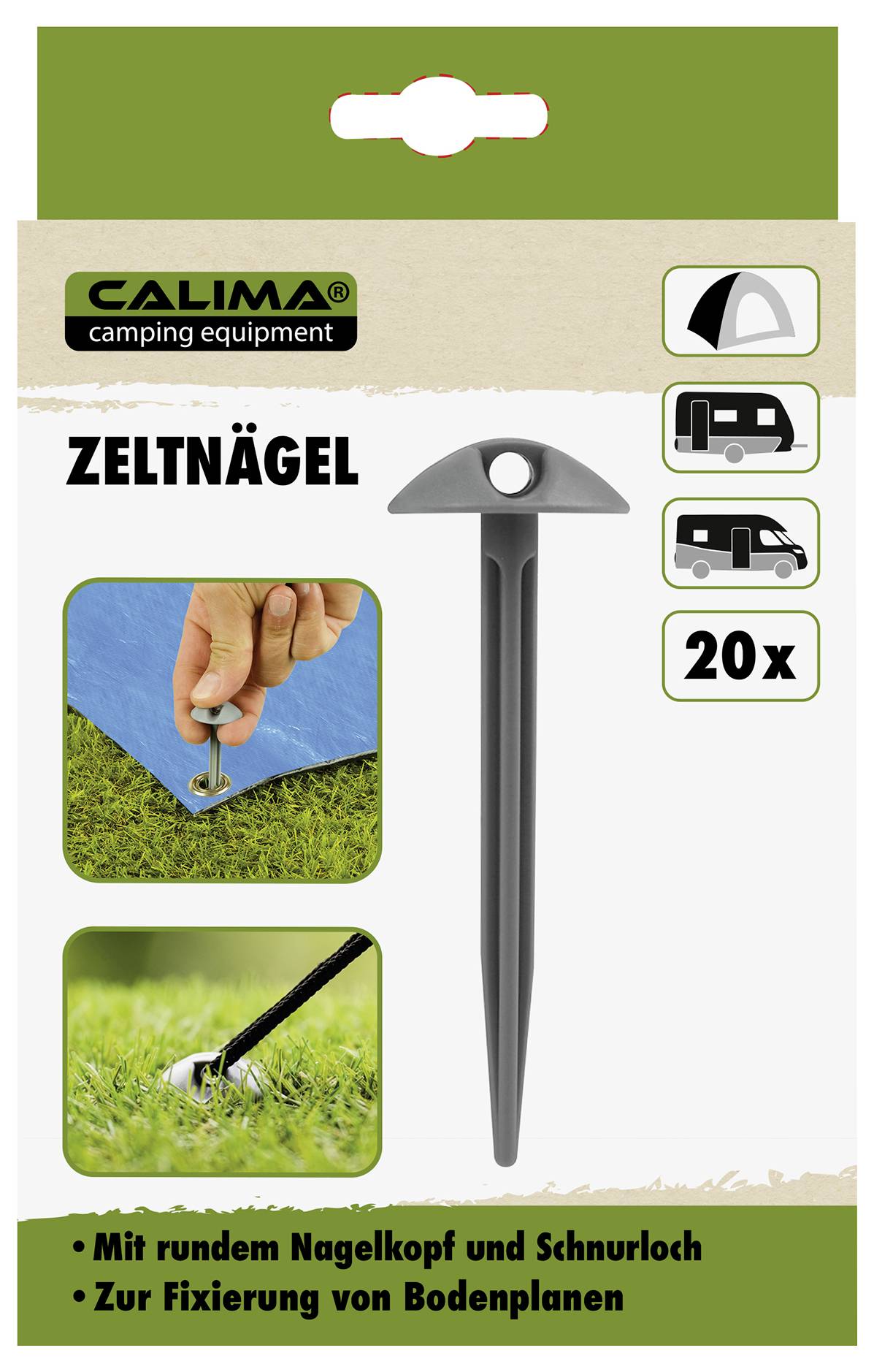 Balenie obsahuje 20 stanových klincov od značky 'Calima'. Balenie zahŕňa ilustrácie zobrazujúce použitie na zaistenie stanových plachiet. Vhodné pre kempovanie.