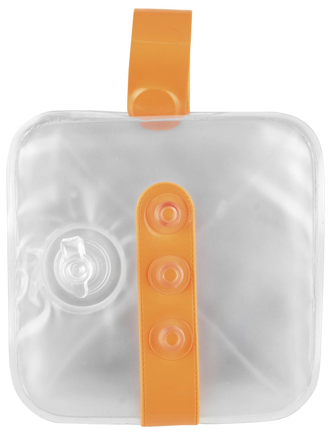 Transparentná vodná karafa s oranžovou rukoväťou a ventilovým viečkom. Vhodná pre outdoorové aktivity a ľahko prenosná.