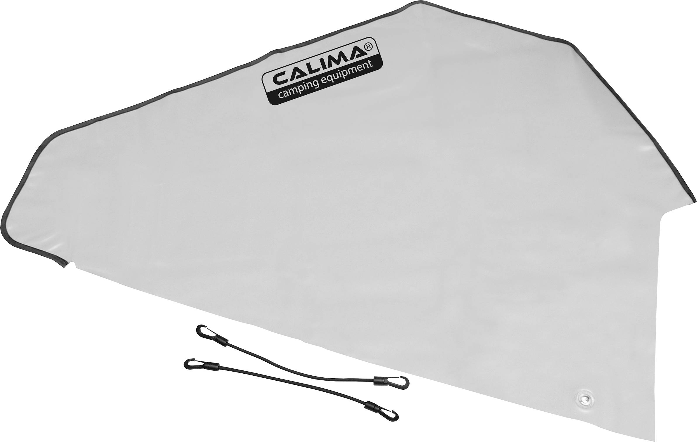 Priehľadná plachta s logom 'CALIMA camping equipment', vrátane dvoch elastických šnúr s háčikmi na uchytenie.