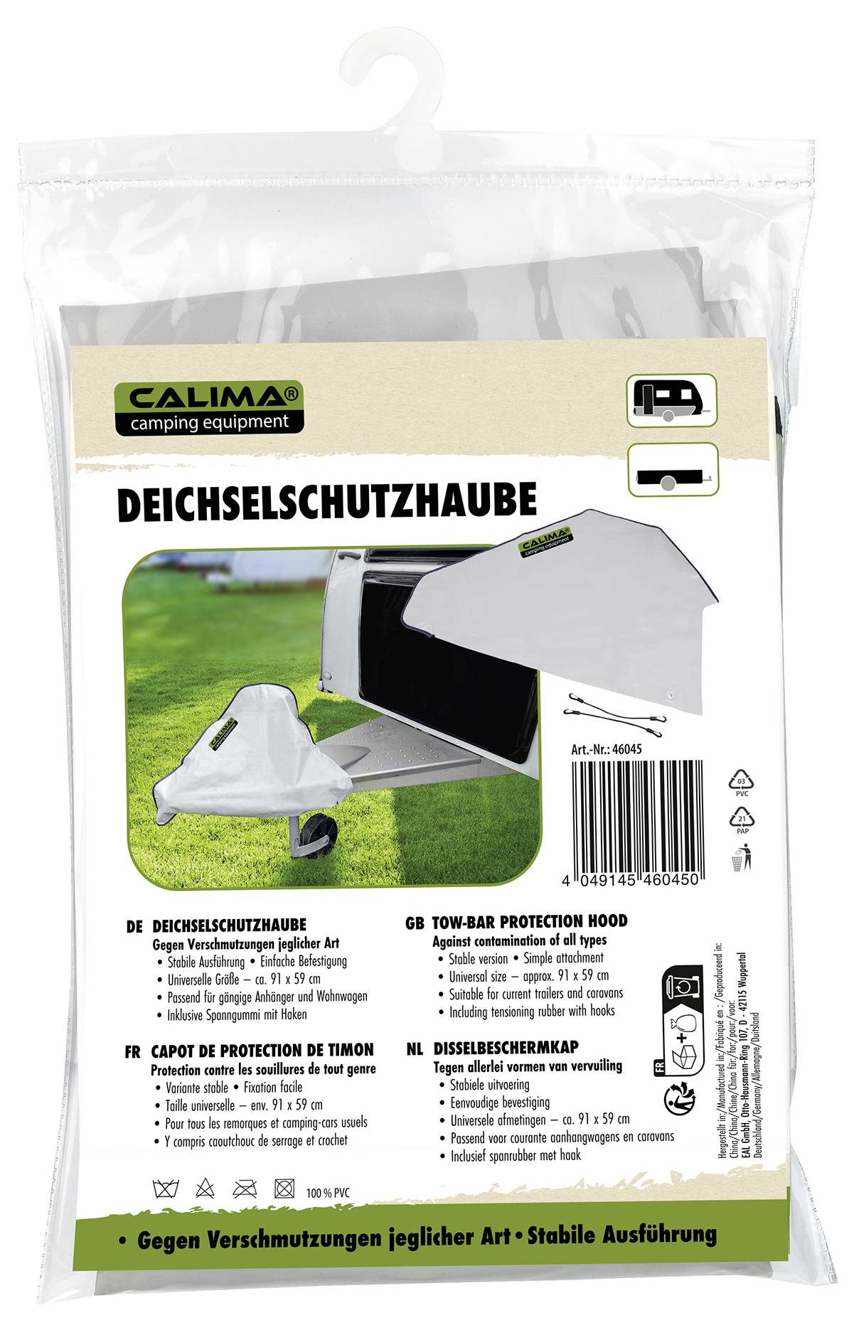 Obal ochranného krytu oja s vyobrazením produktu, názvom výrobcu 'Calima' a textom v niekoľkých jazykoch o ochranných funkciách.