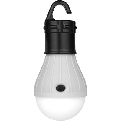 Biela LED lampa v tvare žiarovky s čiernym hákom a spínačom vpredu.