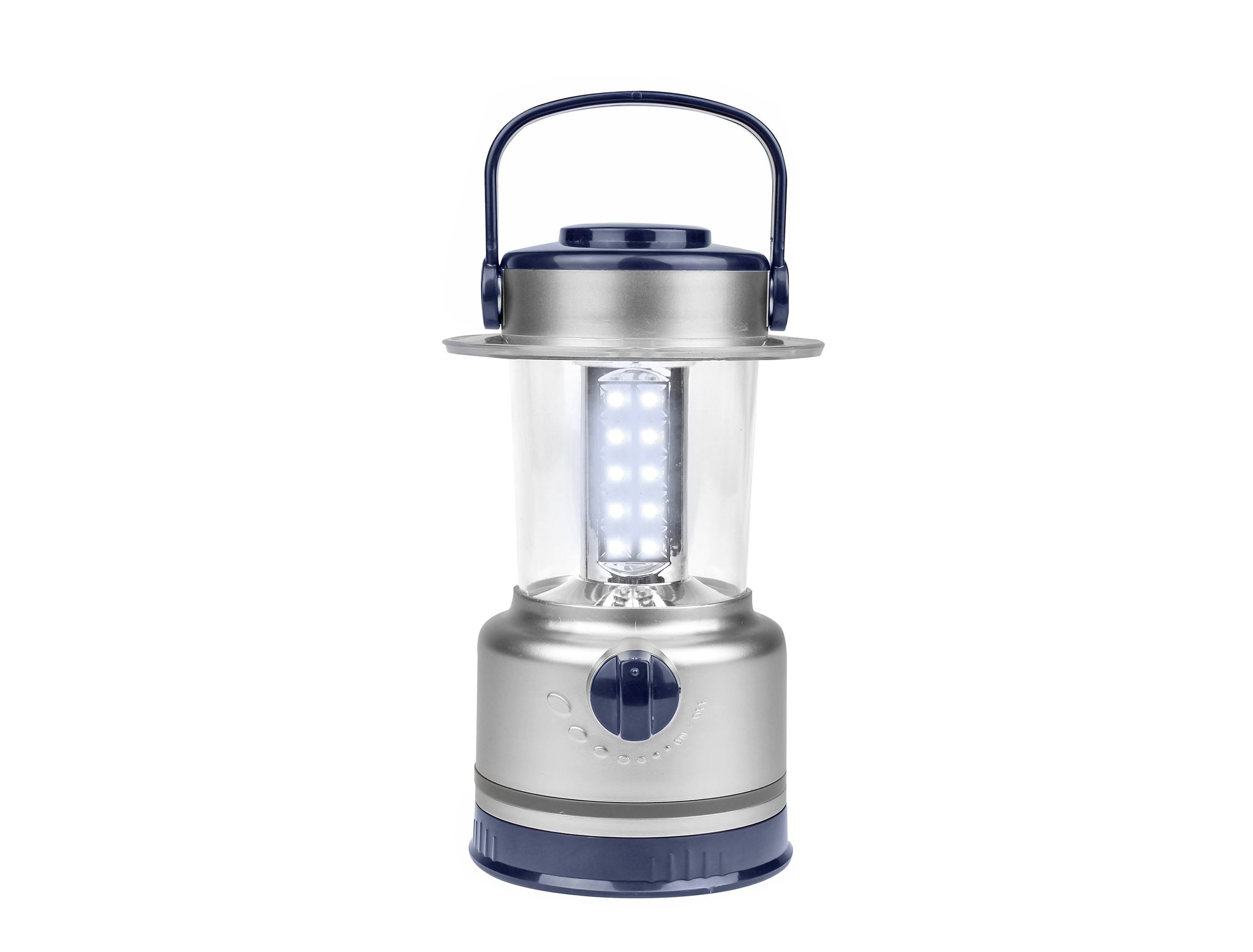 Strieborná LED lampa s modrou základňou, rukoväťou a stmievačom uprostred. Ideálna na kempovanie alebo núdzové osvetlenie.