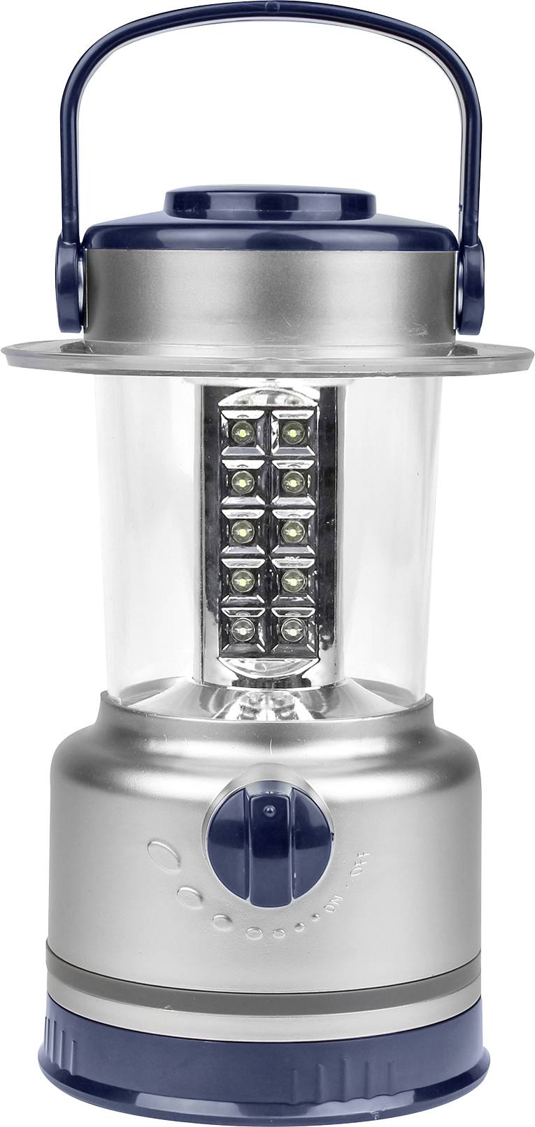 Prenosná strieborná LED lampa s deviatimi viditeľnými svetelnými bodmi a modrým držadlom hore. Ideálna pre outdoorové aktivity.