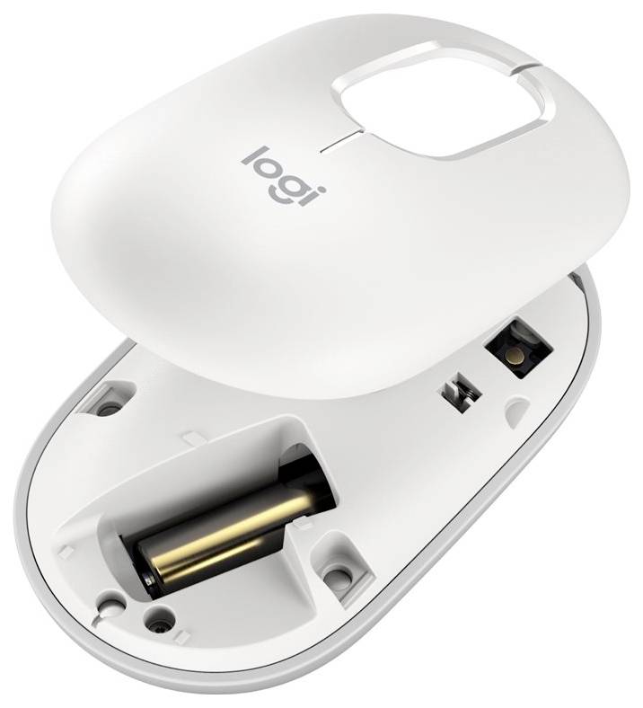 Biela bezdrôtová počítačová myš, ktorá je otvorená a zobrazuje priečinok na batériu a USB prijímač.