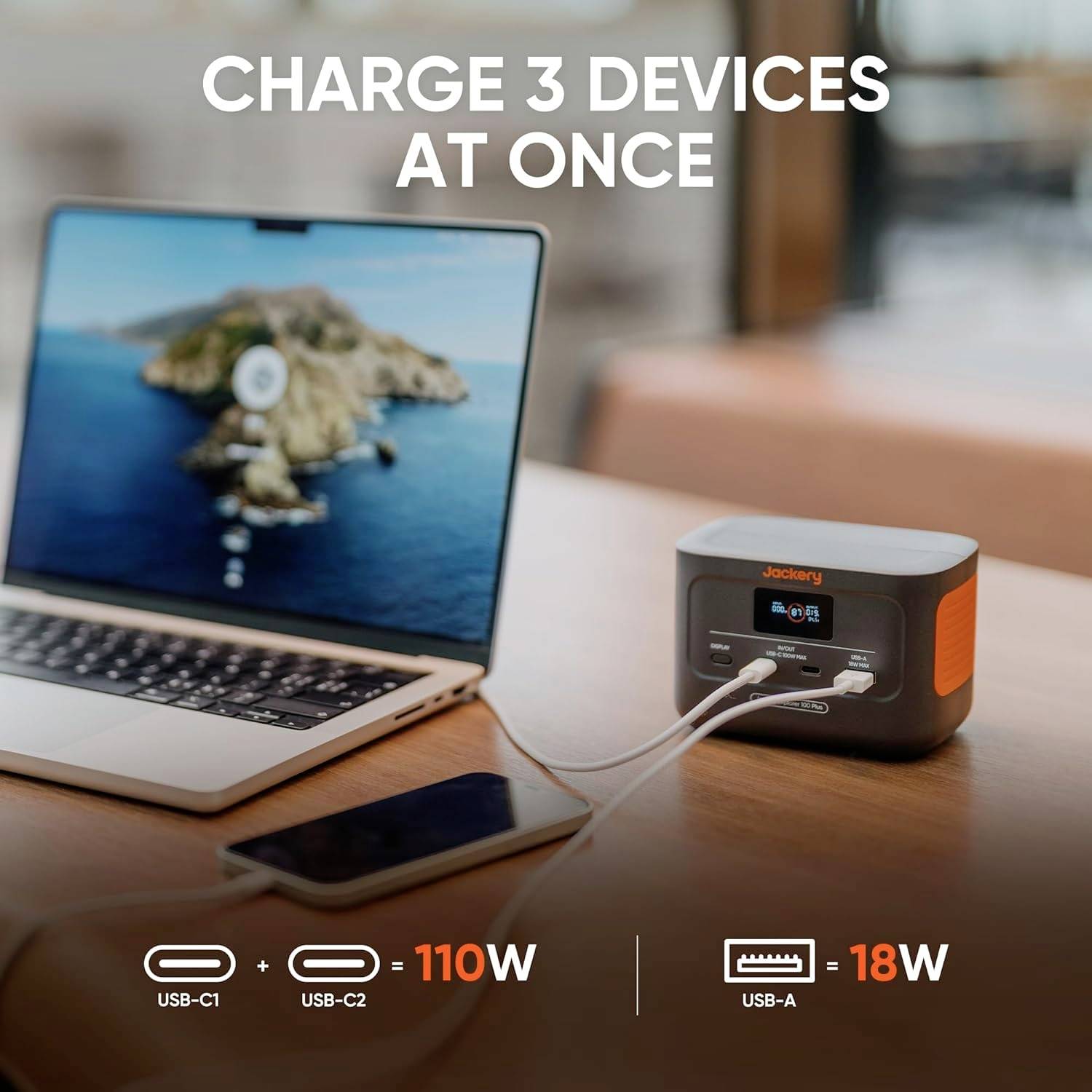 Laptop a smartfón sú pripojené k oranžovej prenosnej elektrárenské stanici. Text v obraze zvýrazňuje možnosti nabíjania.