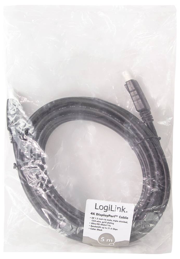 Čierne 4K DisplayPort kábel značky LogiLink v priehľadnom obale, dĺžky 5 metrov.