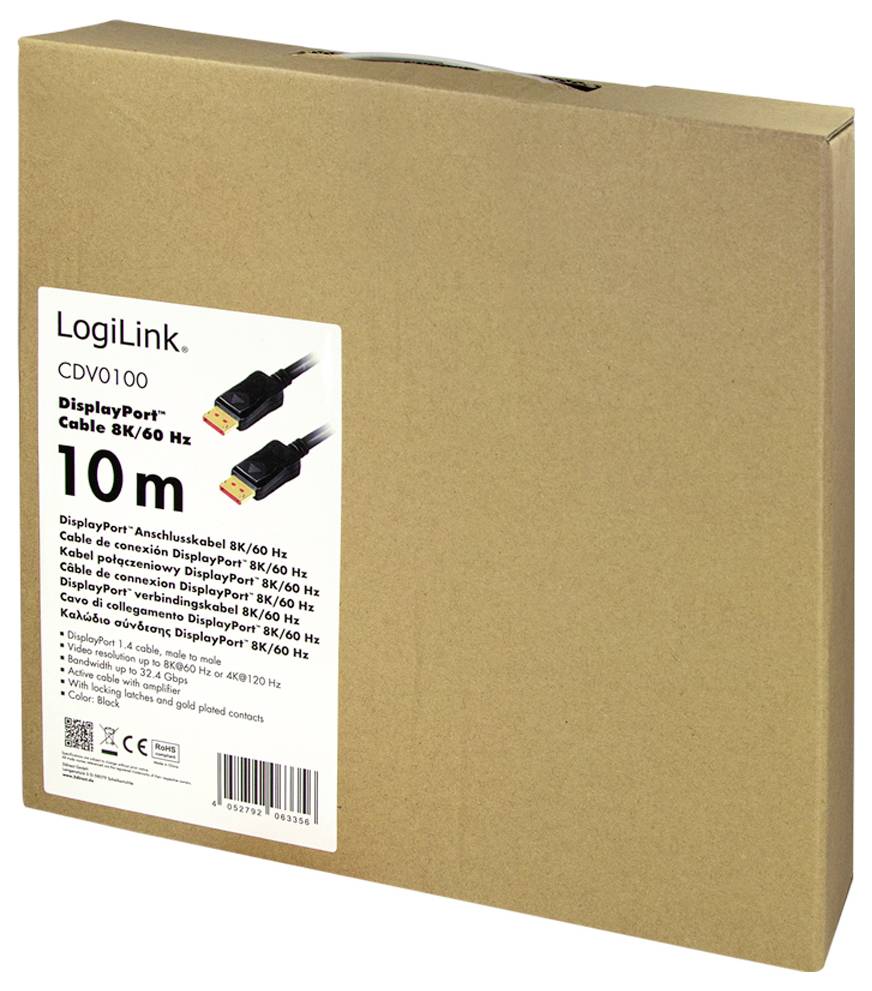 Kartónový obal s nálepkou: 'LogiLink DisplayPort kábel 8K/60 Hz, 10 m'. Na produktovom obrázku sú viditeľné samotný kábel a špecifikácie.