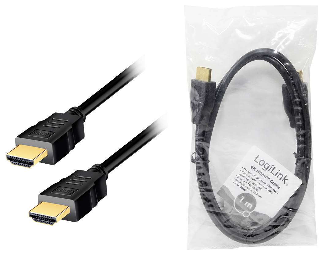 HDMI kábel - sada, pozostávajúca z dvoch čiernych káblov so zlatými konektormi. Balenie zobrazuje značku a dĺžku (1m).