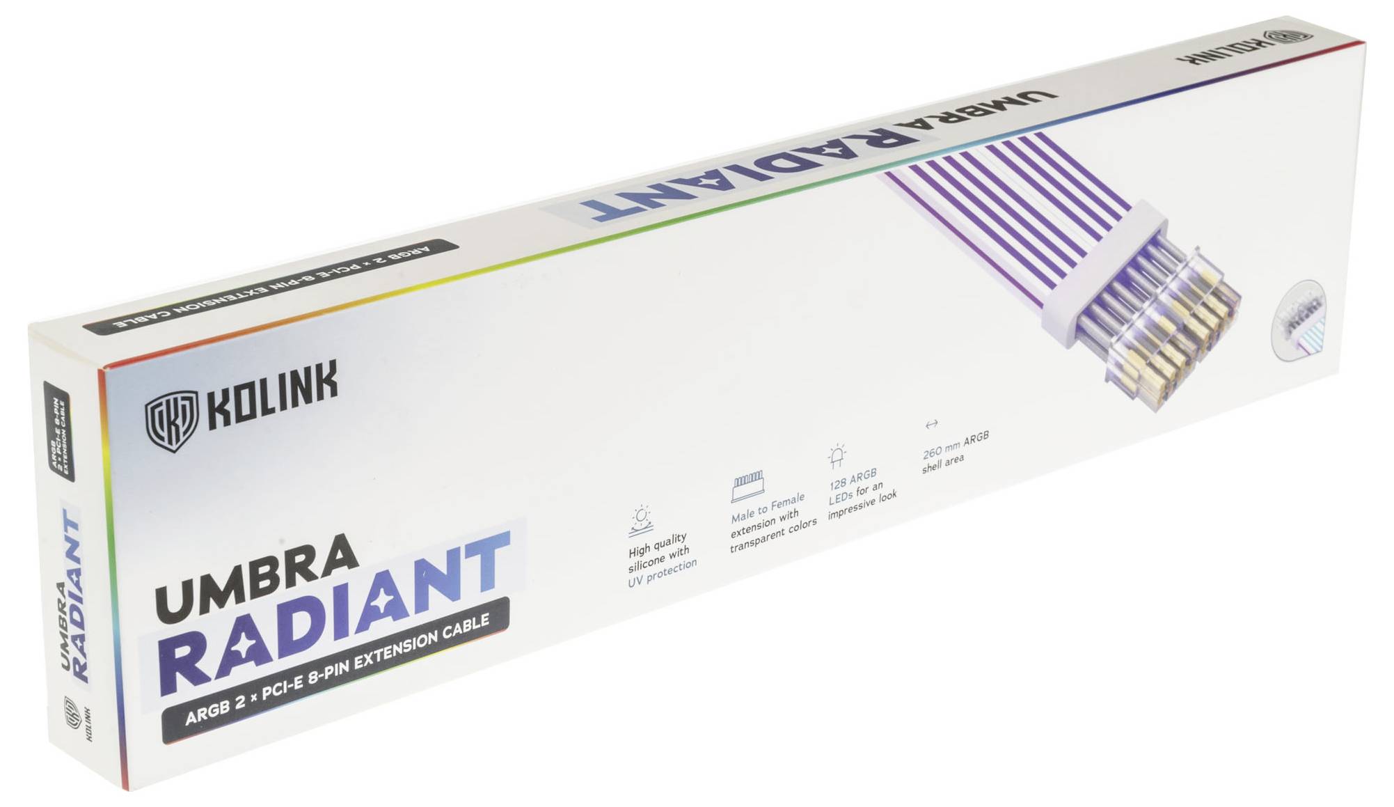 Balenie Kolink 'Umbra Radiant' ARGB predlžovacích káblov. Zobrazuje káble s viacfarebným osvetlením. Obsahuje detaily produktu.