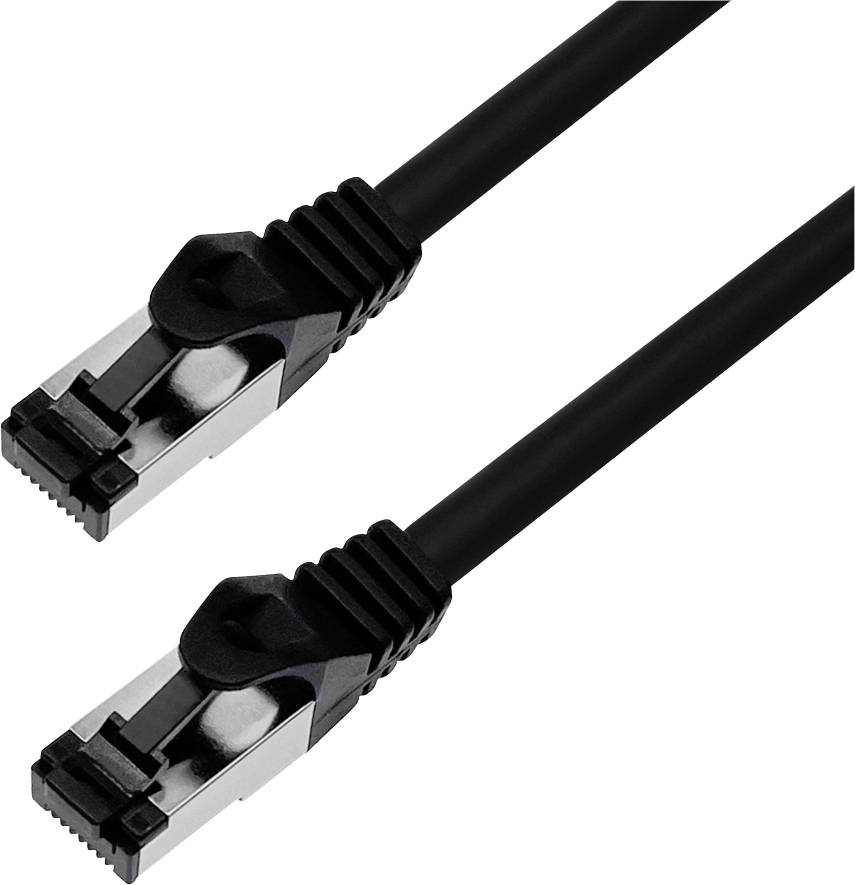 Dva čierne ethernetové káble s kovovými konektormi, ktoré sa používajú na prenos dát a sieťové pripojenie.