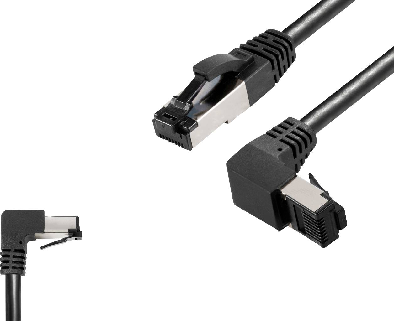 Ethernetový kábel s zahnutou koncovkou zobrazuje dva čierne ethernetové káble s 90-stupňovými konektormi pre lepšie umiestnenie.