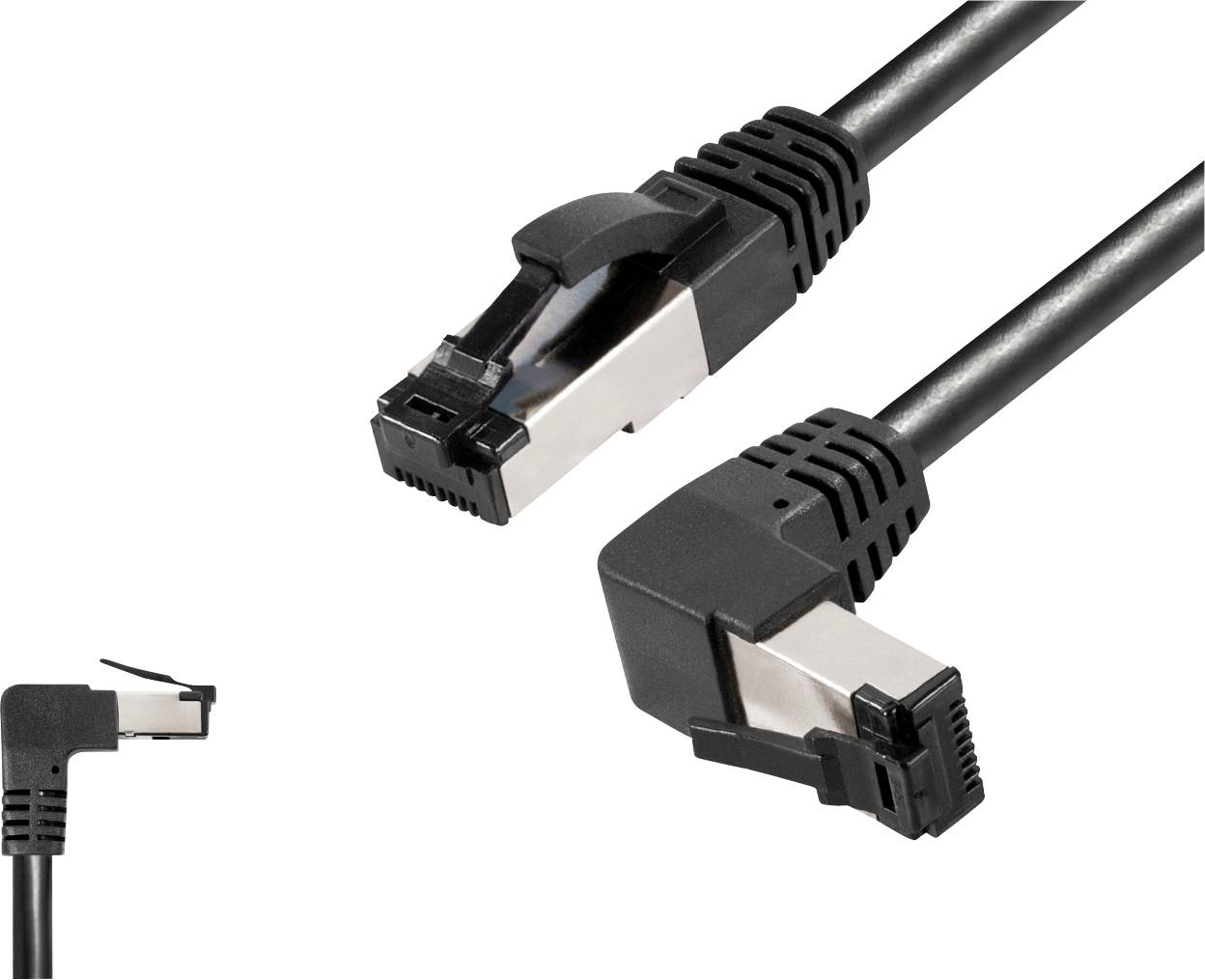 Dva čierne ethernetové káble s zahnutými konektormi, vhodné pre priestorovo úsporné zapojenie.