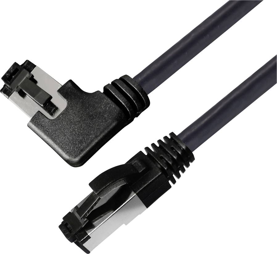 Čierny ethernetový kábel s priamym a pravouhlým RJ45 konektorom.