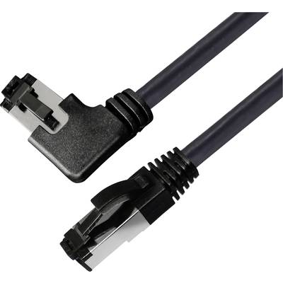 Čierny ethernetový kábel s priamym a pravouhlým RJ45 konektorom.