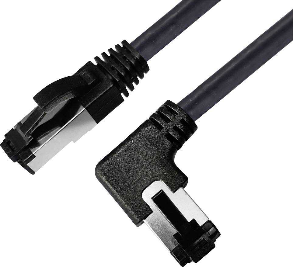 Čierny ethernetový kábel s dvoma RJ45 konektormi, jeden priamy a jeden v uhle 90 stupňov, slúži na sieťové prepojenie.