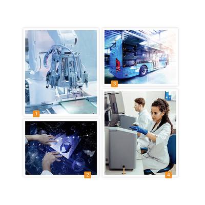 1. Robotické rameno pracuje na elektrickom obvode.<br>2. Ruky interagujú s digitálnym symbolom glóbusu.<br>3. Moderný autobus v garáži.<br>4. Dvaja laboratórni pracovníci obsluhujú laboratórne zariadenia.
