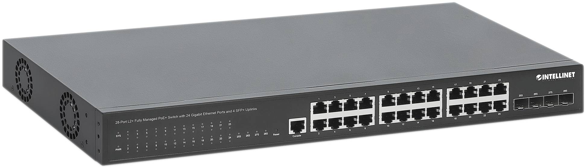 Sieťový prepínač s 24 ethernetovými portami a štyrmi dodatočnými portami na pravej strane, používaný na prepájanie viacerých zariadení v sieti.
