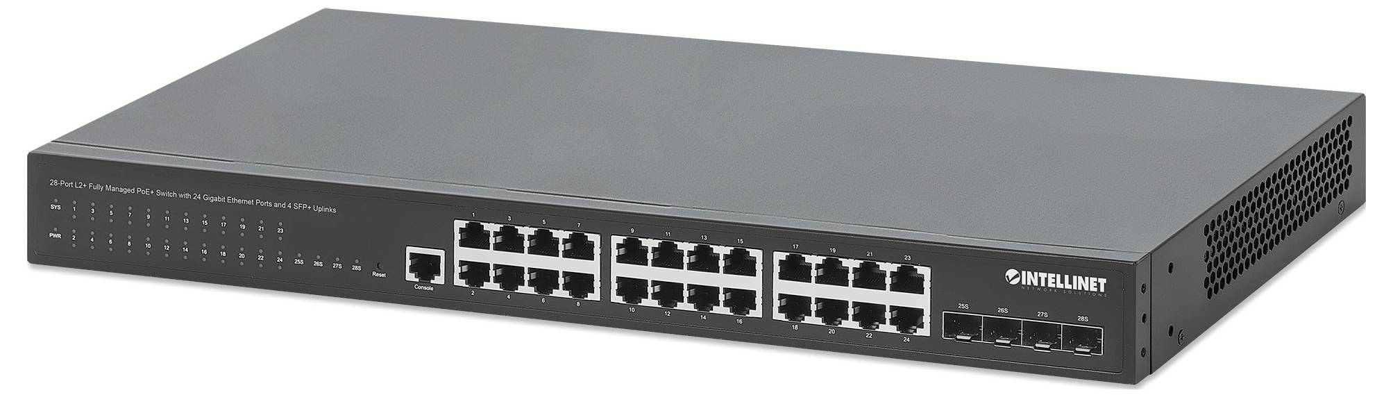 Sivý sieťový prepínač s 24 ethernetovými a 4 optickými portami, vhodný na vybudovanie kabelového sieťového pripojenia.
