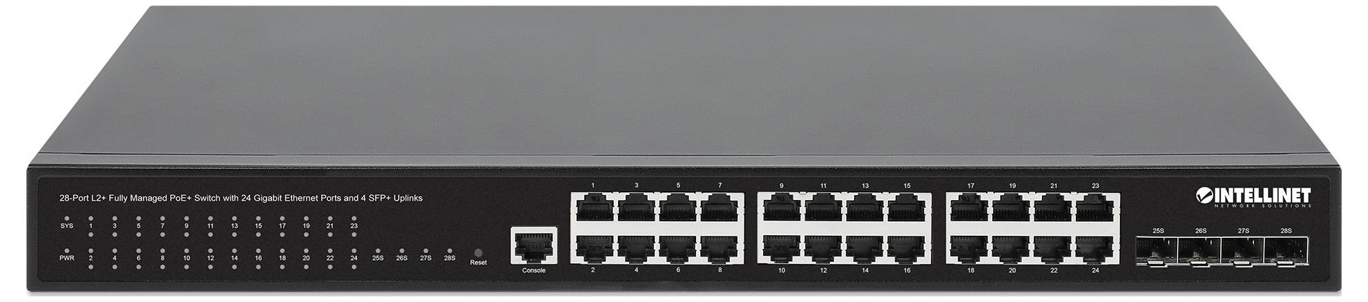 Čierny sieťový prepínač s dvadsiatimi ethernetovými portami a štyrmi optickými vláknami, vhodný pre použitie v podnikových sieťach.