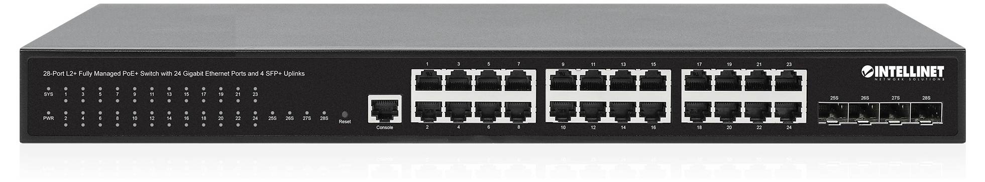 Sieťový prepínač s 24 ethernetovými portami a 2 optickými portami značky Intellinet. Vhodný predovšetkým pre rozsiahle počítačové siete.