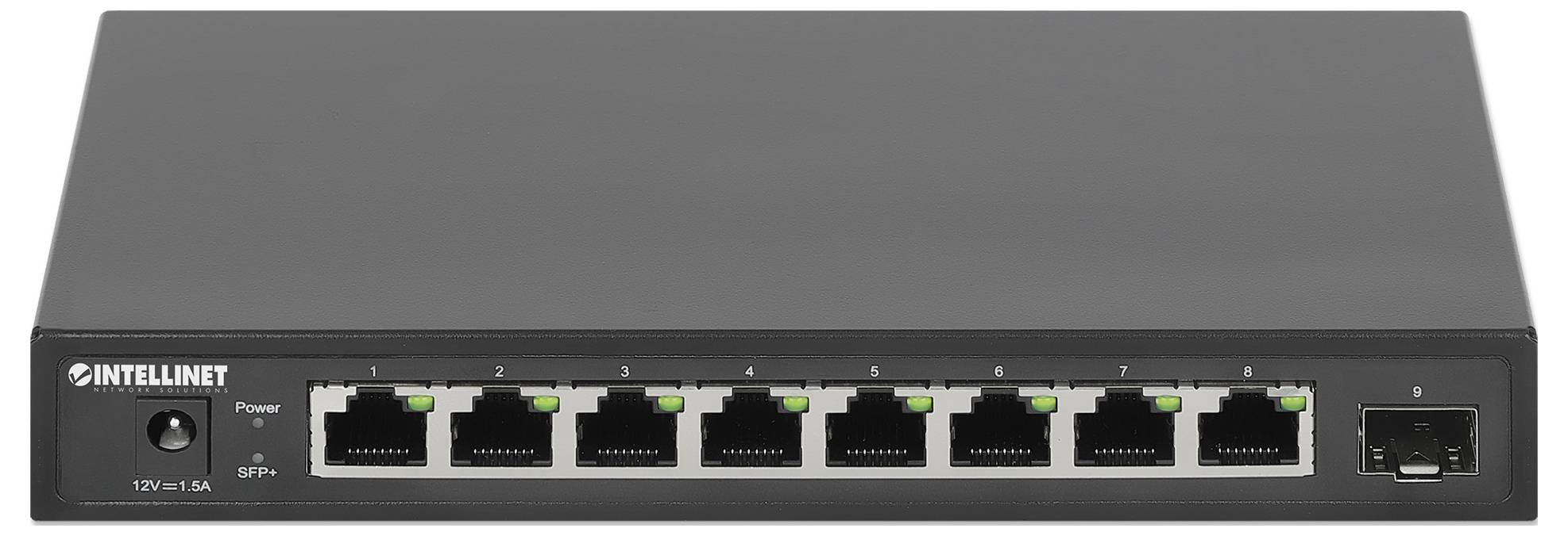 Osemportový sieťový prepínač značky Intellinet s RJ45 portami a optickým konektorom, vhodný pre profesionálne siete.