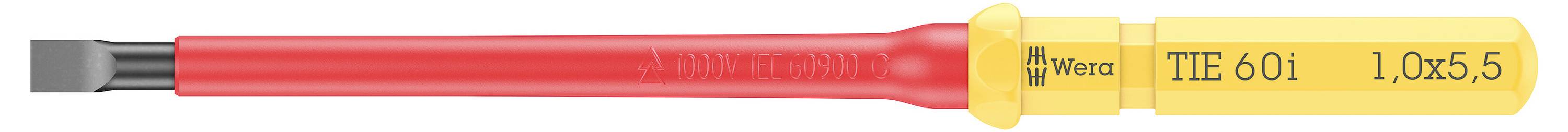 Skrutkovač s červenou rukoväťou a žltou izoláciou, označený nápisom 'THE 601, 1.0x5.5'.