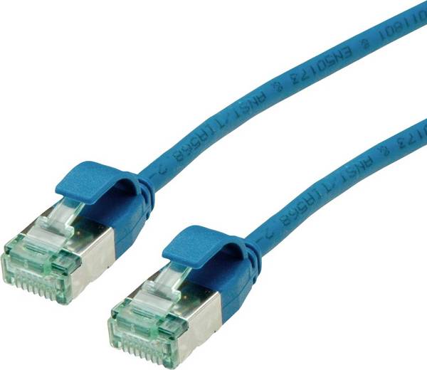 roline recycled material 21.45.3340 RJ45 sieťové káble, prepojovacie káble CAT 6A U/FTP 0.15 m modrá netienený, extrémne tenký, PVC plášť 1 ks