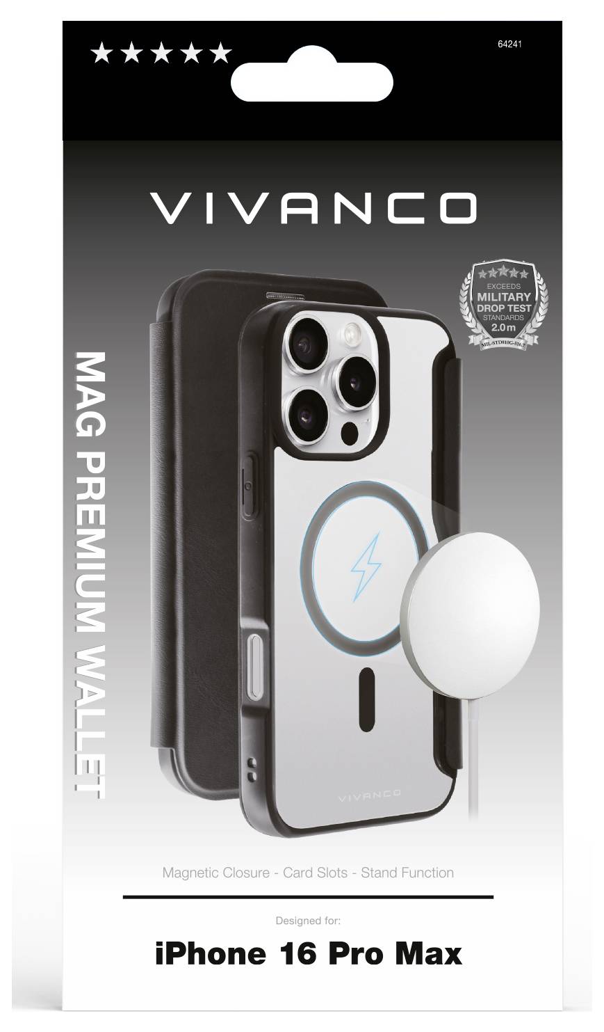 Obal príslušenstva 'Vivanco Mag Premium Wallet' pre iPhone 16 Pro Max, zobrazujúci mobilný kryt s priehradkami na karty a magnetickým uzatváraním.