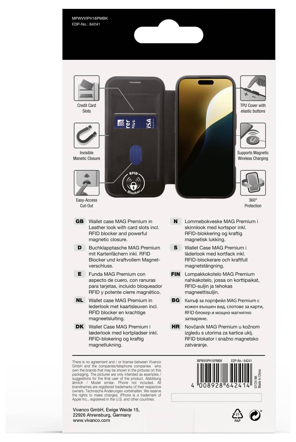 Obal na iPhone s integrovanou magnetickou funkciou a priehradkami na karty. Podporuje bezdrôtové nabíjanie a poskytuje komplexnú ochranu.
