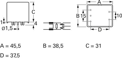 Diagram elektrického komponentu s rozmermi: A = 45,5, B = 38,5, C = 31, D = 37,5; vzdialenosť pinov: Ø 1,5 mm a výška: 4 mm.