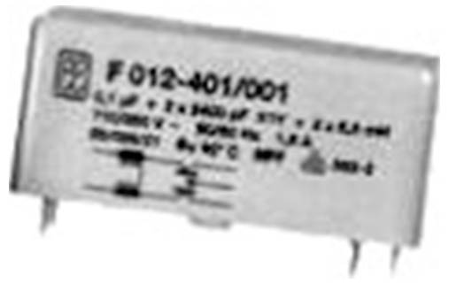 Kondenzátor s nápisom 'F 012-401/001', technickými špecifikáciami a symbolmi, vhodný pre elektronické obvody.