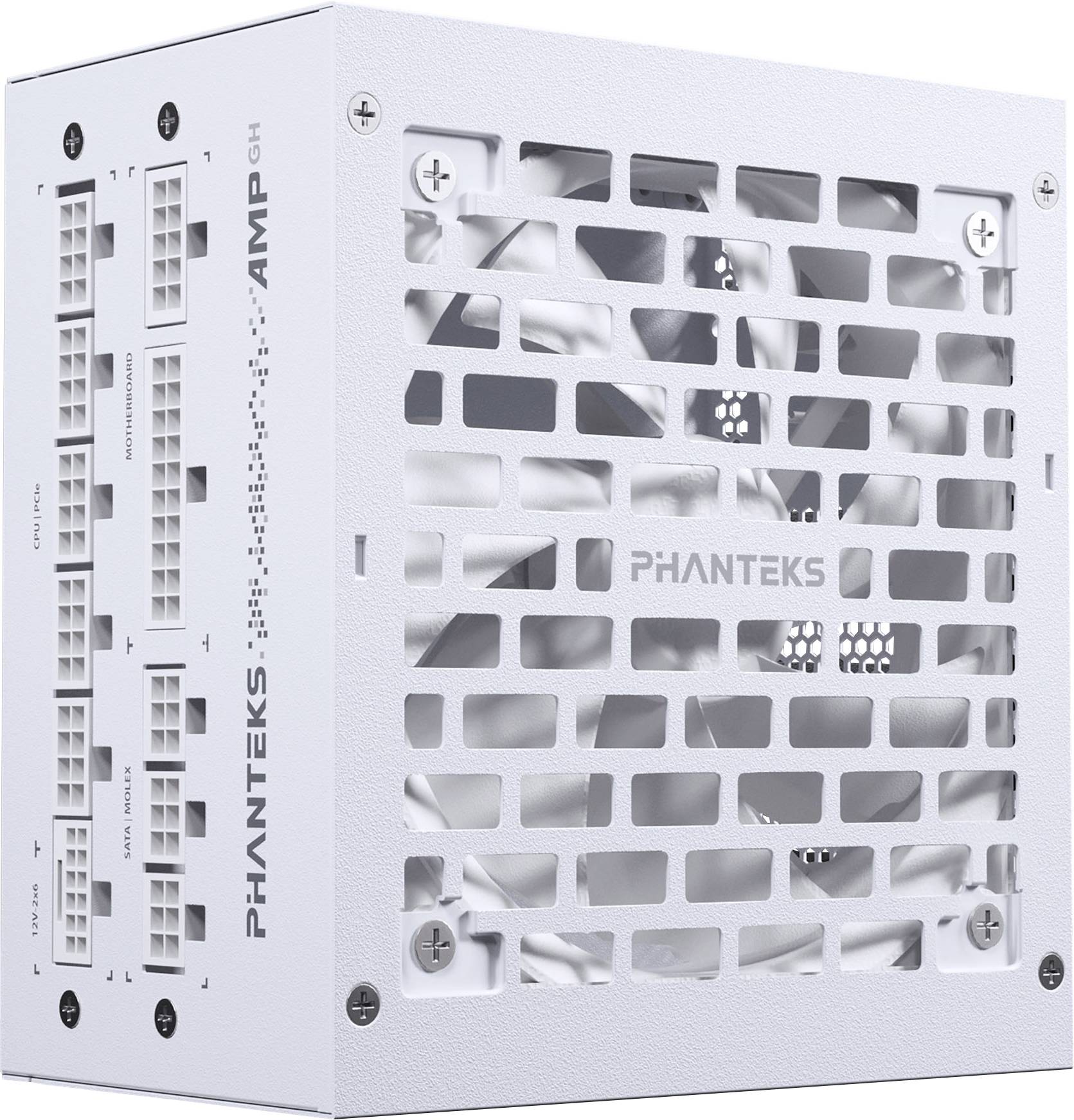 Biele počítačové napájanie od spoločnosti Phanteks s viditeľným ventilátorom a konektormi na bočnej strane. Model: AMP-G.