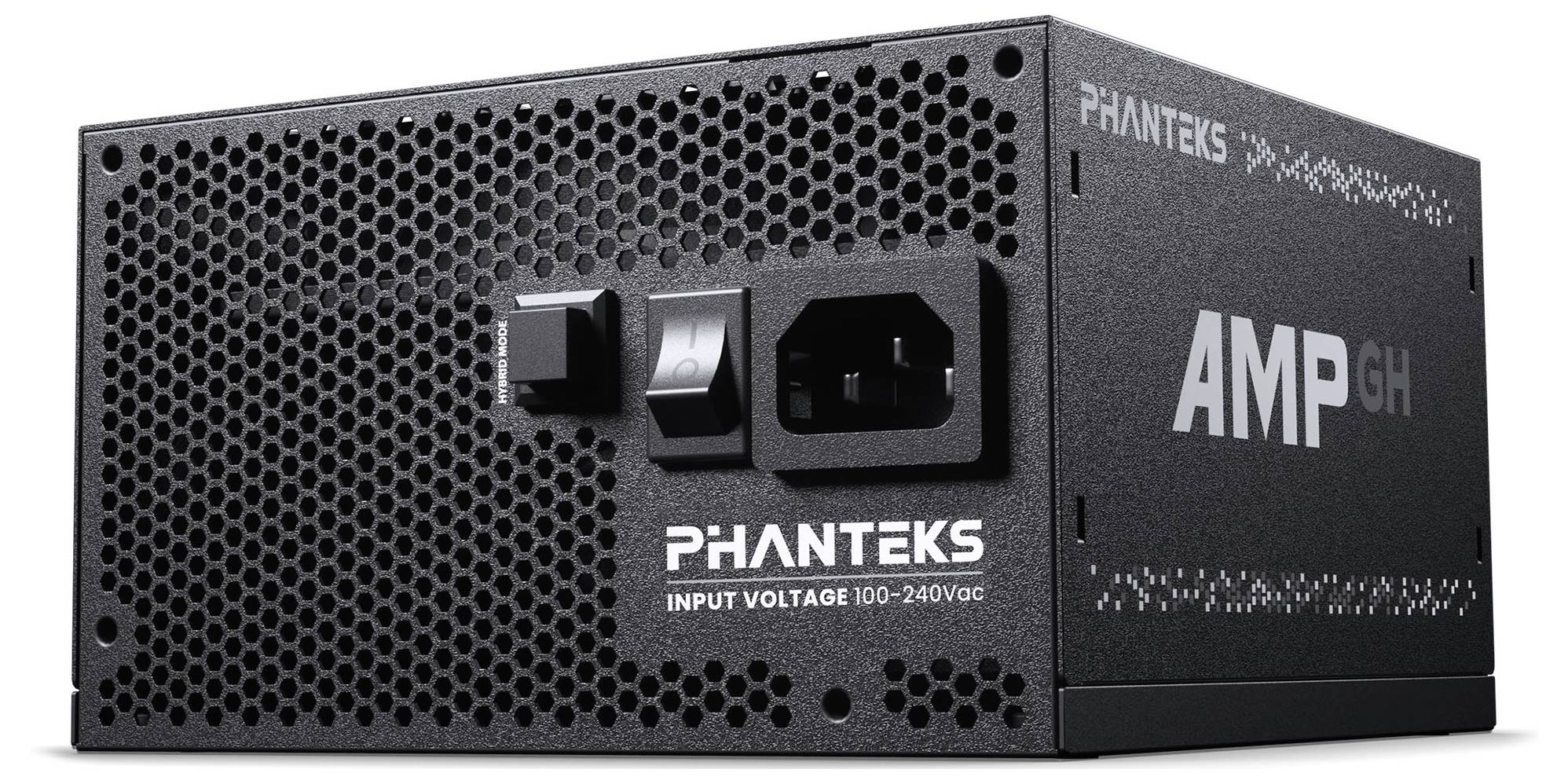 Čierna napájacia jednotka Phanteks AMP GH, uhol spredu. Zobrazuje vstupný konektor a prepínač. Napätie 100-240V.