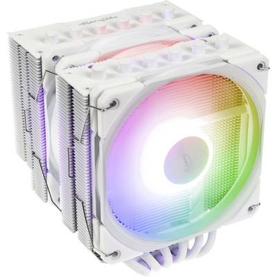 Biely CPU chladič s dvoma chladičmi a ventilátorom, osvetlený gradientom RGB svetiel, navrhnutý pre tepelnú správu počítača.