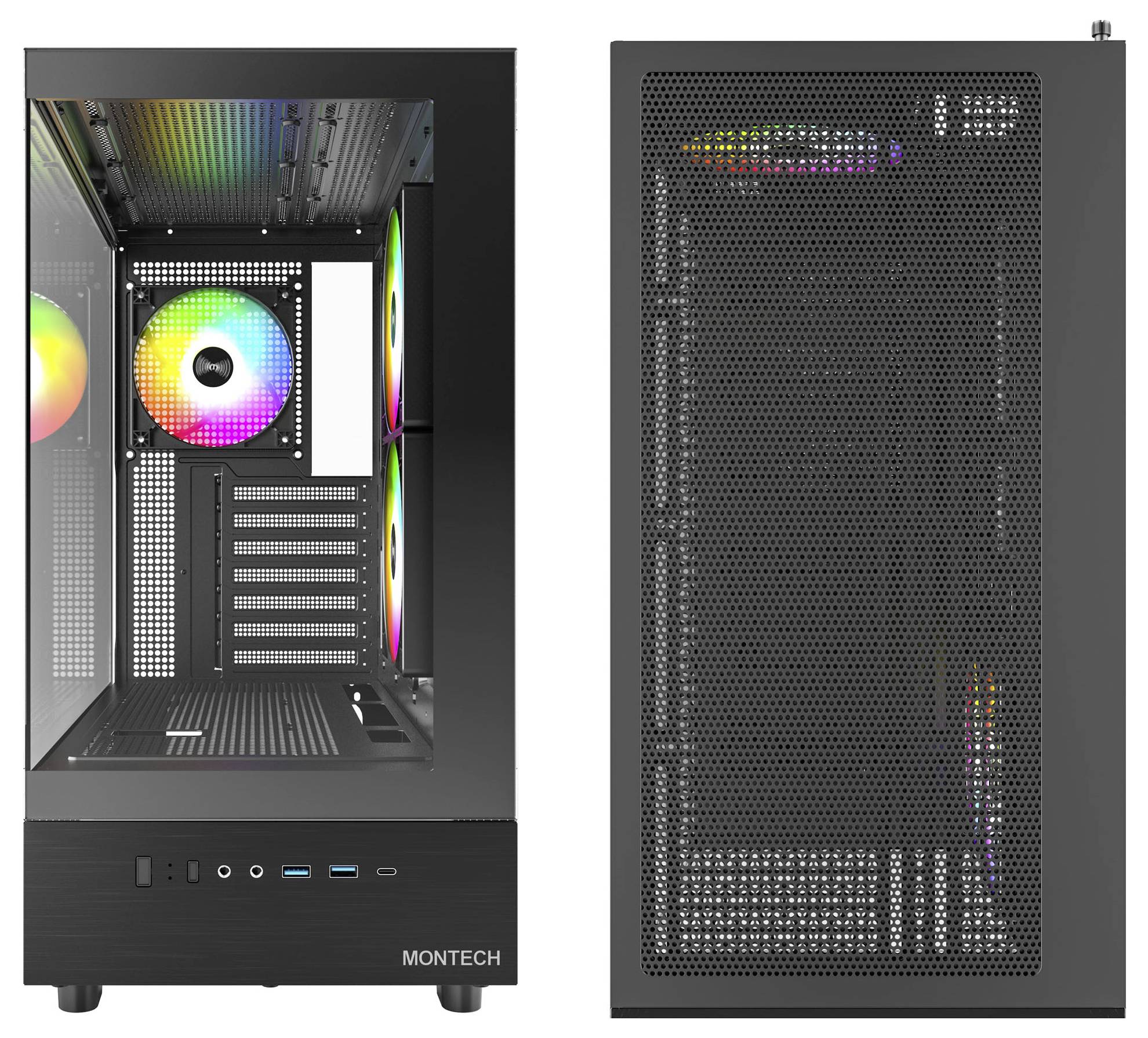 Počítačová skrinka s pohľadom spredu a z boku, zobrazujúca vnútorné ventilátory s RGB podsvietením a viacero možnosťami rozšírenia.