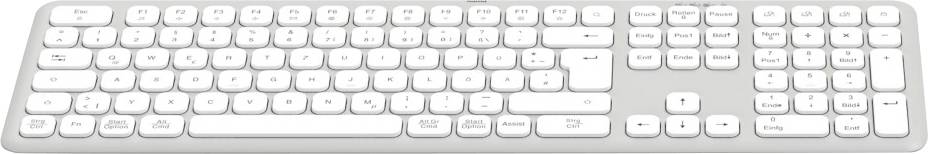 Biela počítačová klávesnica z pohľadu zhora, zobrazujúca kompletné rozloženie s numerickým blokom vpravo v štandardnom usporiadaní QWERTZ.