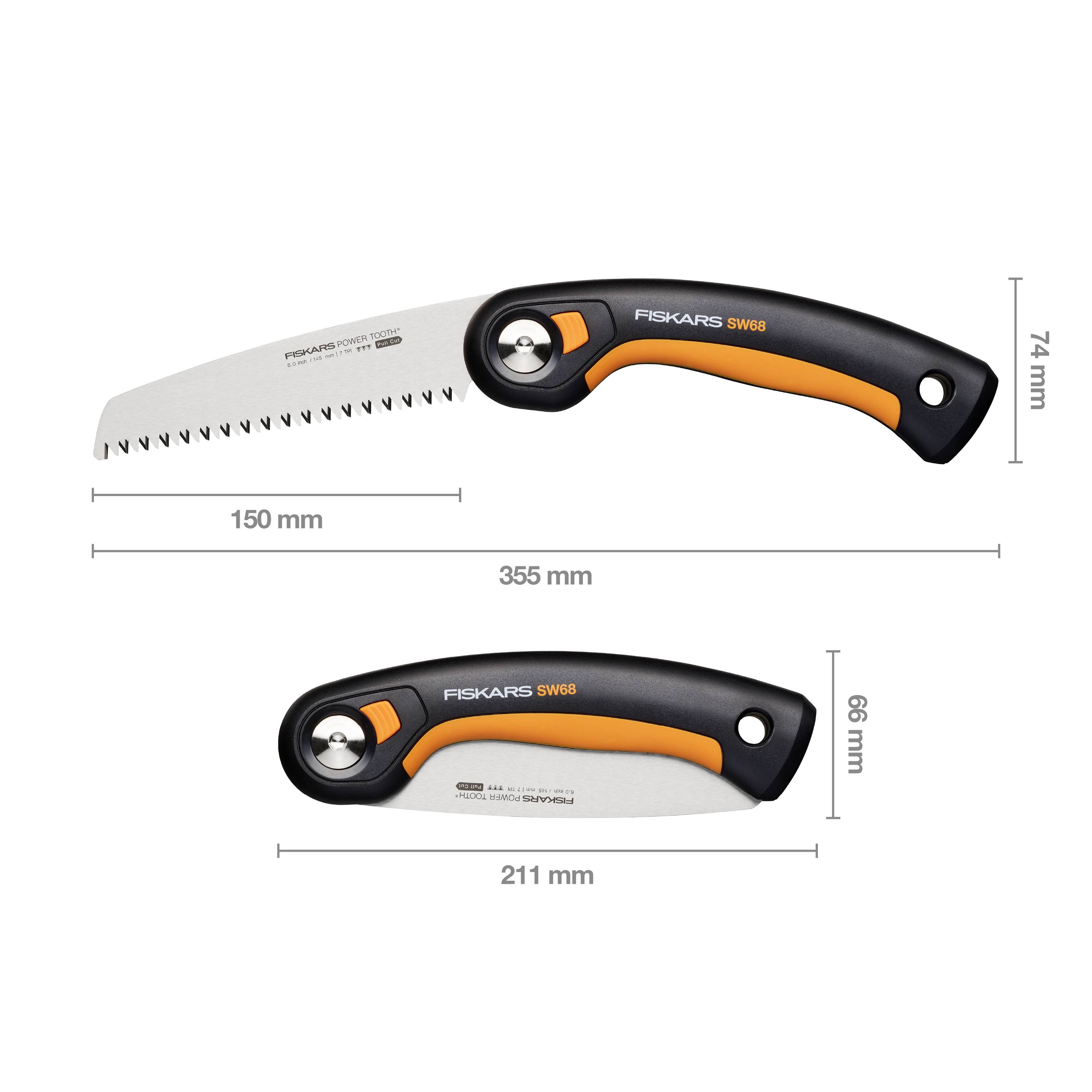 Skladacia ručná píla Fiskars. Píla je zobrazená v otvorenej a zatvorenej polohe, s rozmermi 150 mm a 211 mm.